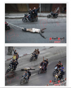 Hamas supporters in Gaza dragging dead bodies of those who accused of conspiracy