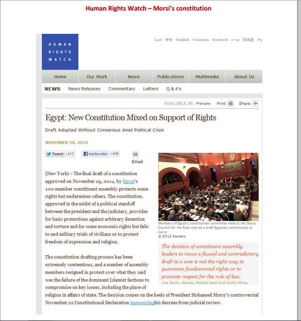 Human Rights Watch Rgypt constitution mixed on support of Rights Brotherhood regime period