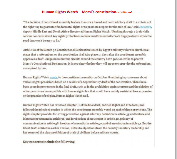 report 1 on brotherhood constitution Human Rights Watch