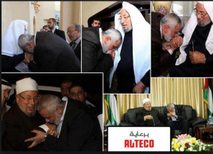 Ismail Haneya leader of Hamas terrorists group kissing the hands of Qaradawi