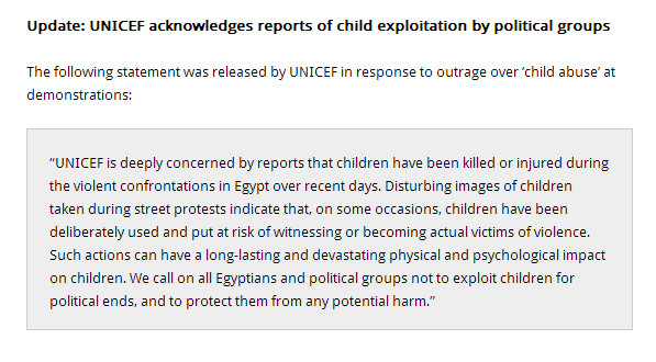 UNICEF condemned exploitation of Children in Violent protests of Muslim Brotherhood putting children in the front line